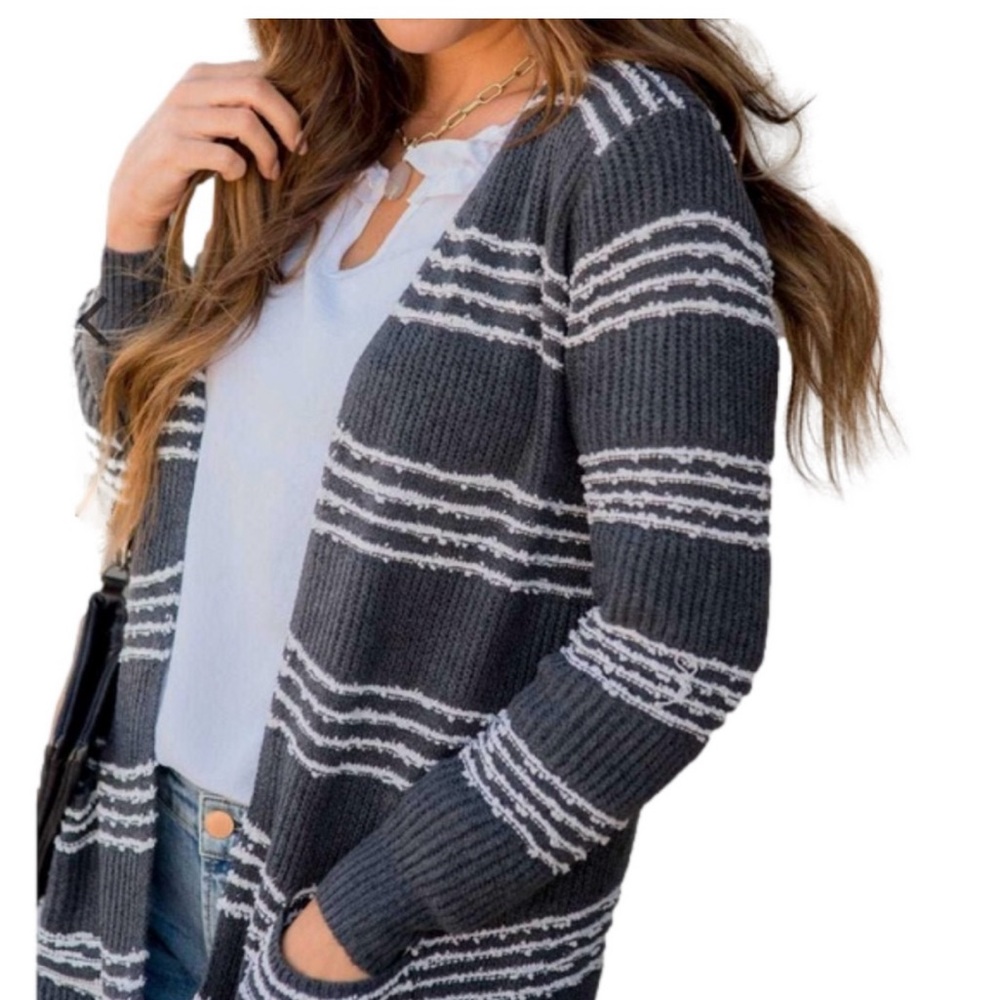 NWOT Pink Clover Gray Cardigan Sweater with Stripes
